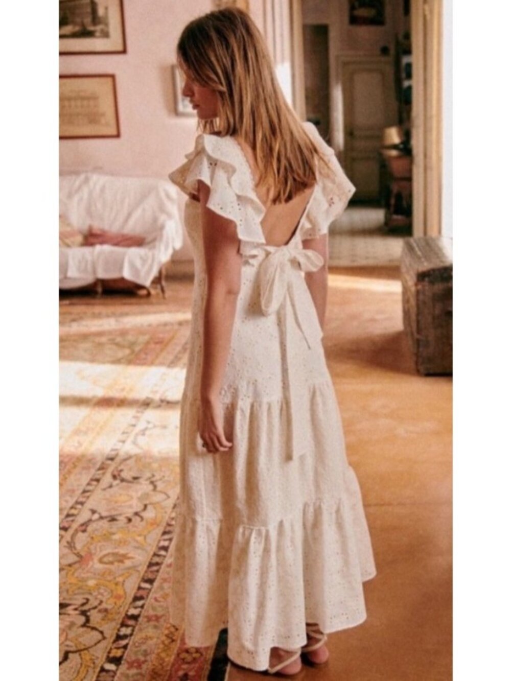 NEW Sézane Vendome Square Neck Ruffle Maxi Dress Broderie Anglaise Backless Tie